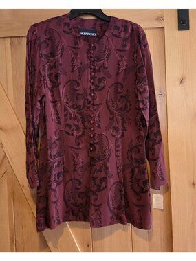 New! Vtg Women Sz 10 Burgundy Jacquard Long Tunic Blouse Covered Button Asian